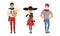 Male and Female Parisian Characters Wearing Scarf and Beret Holding Baguette Vector Illustration Set
