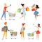 Male and female shopping. Vector pictures of various characters in shop