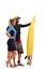 Male and female surfer posing with a surfboard