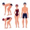 Male and female swimmers, standing upright and preparing to dive