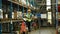 Male and female workers wearing hardhats and reflective jackets checking inventory boxes on shelf with barcode scanner