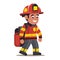 Male firefighter cartoon character smiling, walking confidently wearing red helmet, protective