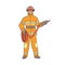 Male firefighter in protective suit, helmet and gauntlets, with a red hose in his hands. The worker in the field of fire