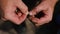 Male fisherman hands preparing fishing worm on hook close up