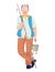 Male fishing hobby, character hold rod, man wear special fisherman costume cartoon vector illustration, isolated on