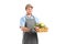 Male gardener holding a basket with flower pots