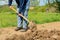 Male gardener preparing garden for spring planting.