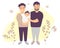 Male gay couple adopting baby. Two happy men holding new born child. vector illustration. Happy LGBT family with a baby