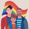 Male gay couple adopting baby. Two happy young men and child flat vector illustration.