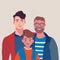 Male gay couple adopting baby. Two happy young men and child flat vector illustration.