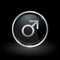 Male gender icon inside round silver and black emblem