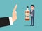 Male gesture stop alcohol consumption, man drunk character hold bottle whiskey isolated on blue, flat vector