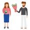 Male give decorative bouquet flower to female, lovely romantic couple date concept gift floret flat icon vector illustration,