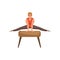 Male gymnast doing exercise on pommel horse. Cartoon strong guy. Gymnastics artistic. Professional athlete in sportswear