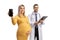 Male gynecologist and a pregnant woman holding a smartphone and smiling