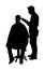 Male hairdresser holding scissors and comb illustration. Man client in barber`s chair getting haircut by hair stylist.