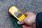 Male hand holding dosimeter. Measurement of radiation levels by the Geiger counter in Chernobyl Exclusion Zone, Ukraine