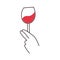 Male hand holding glass of prosecco red wine flat vector illustration. Minimalist line art of cheers glass of cocktail