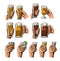 Male hand holding a glasses with beer, tequila, vodka, rum, whiskey and ice cubes.