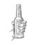 Male hand holding open bottle beer. Black vintage engraving vector