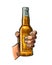 Male hand holding open bottle beer. Color vintage engraving vector illustration