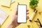 Male hand holding a phone with white screen over an office desk