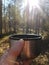 Male hand holding a thermos cup with hot tea against the pine forest background. Drinking hot tea or coffee in a sunny