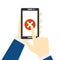 A male hand holds a smartphone in his hand, on the screen a sign cancel, exit, error, red x icon, reject symbol. Flat vector