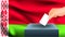 Male hand puts down a white sheet of paper with a mark as a symbol of a ballot paper against the background of the Belarus flag.