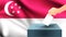Male hand puts down a white sheet of paper with a mark as a symbol of a ballot paper against the background of the singapore flag,