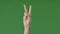 Male hand raise two fingers masculine body part isolate over green background showing peace symbol approval friendliness