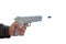 Male hand with shoting newspaper pistol and bullet