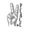 Male hand showing two fingers. Peace lettering. Vector black vintage engraving