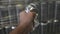 Male hand squeezes an aluminum can on the background of beer tanks. Inside the brewery.