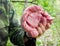 The male hand tightly squeezes a piece of fresh steak. Outdoors, close up