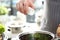 Male Hands Adding Vegetable Salad White Salt