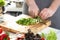 Male Hands Chopping Salad Scallion Ingredient