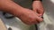 Male hands cleaning CPAP tubing in the sink.