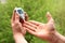 Male hands closeup, a man does a nature test with a glucometer, medical concept, blood glucose control, diabetes