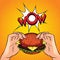 Male hands hold a juicy burger over a halftone background.