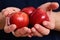 Male hands hold red apples. Apples trio on Tshirt background.