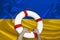 Male hands hold on to a white lifebuoy against the background of the silk national flag of Ukraine, the concept of medical
