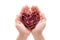 Male hands holding heart shaped beetroot vegan pasta.