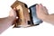 Male hands insert mobile phone into VR glasses cardboard