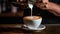 male hands pouring milk and preparing fresh cappuccino