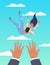 Male hands saving falling woman, flat vector illustration. Psychological, business support. Psychotherapy. Helping hands