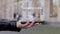 Male hands show on smartphone conceptual HUD hologram Gamification