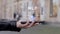 Male hands show on smartphone conceptual HUD hologram NLP