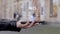 Male hands show on smartphone conceptual HUD hologram No