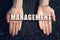 Male hands on soil background showing in palms idea word management